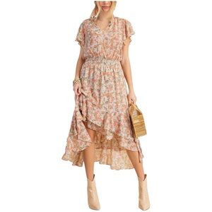 KORI Floral Ruffle Garden Dress Flowy Empire Waist Short Sleeve Layer Midi Dress